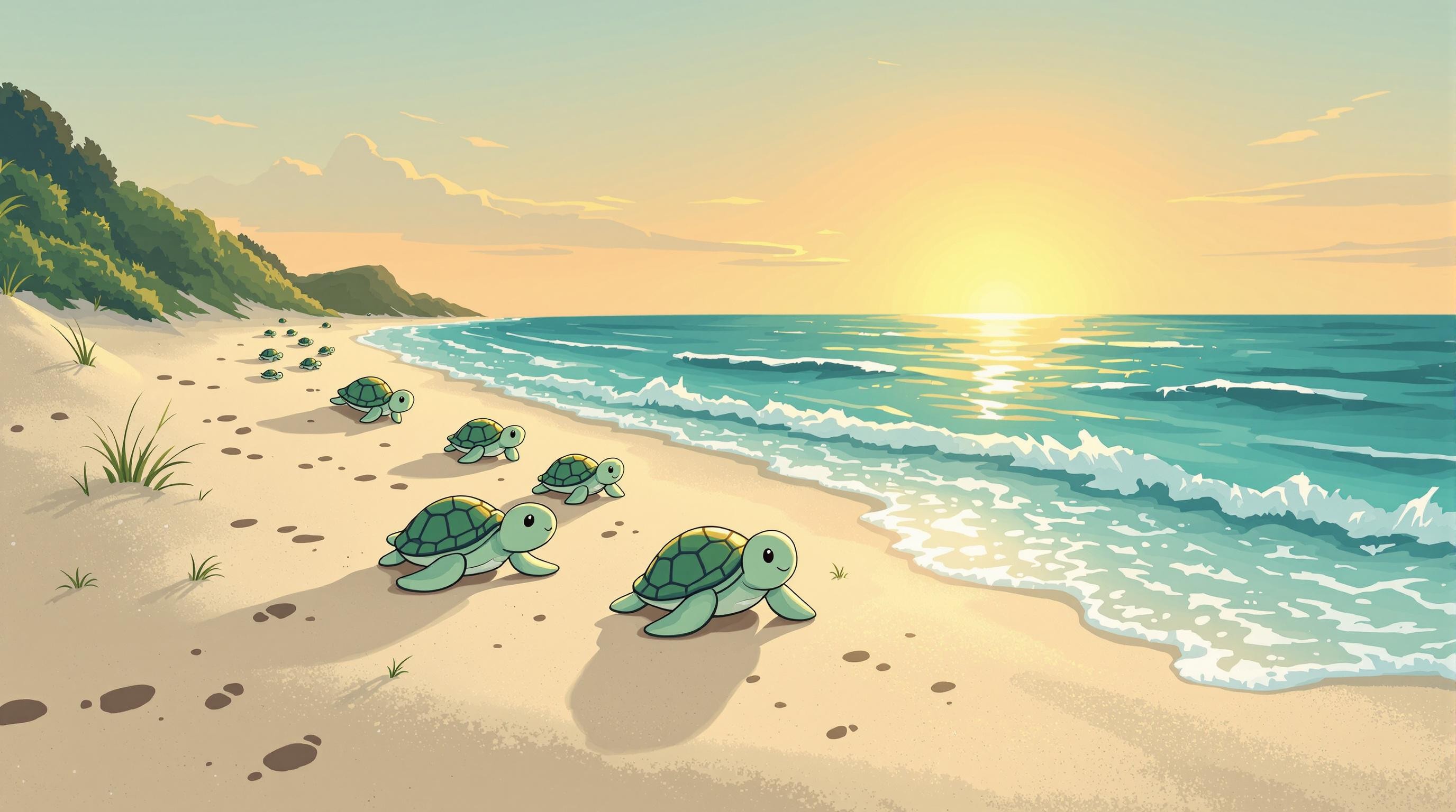 Baby sea turtles making their way to the ocean